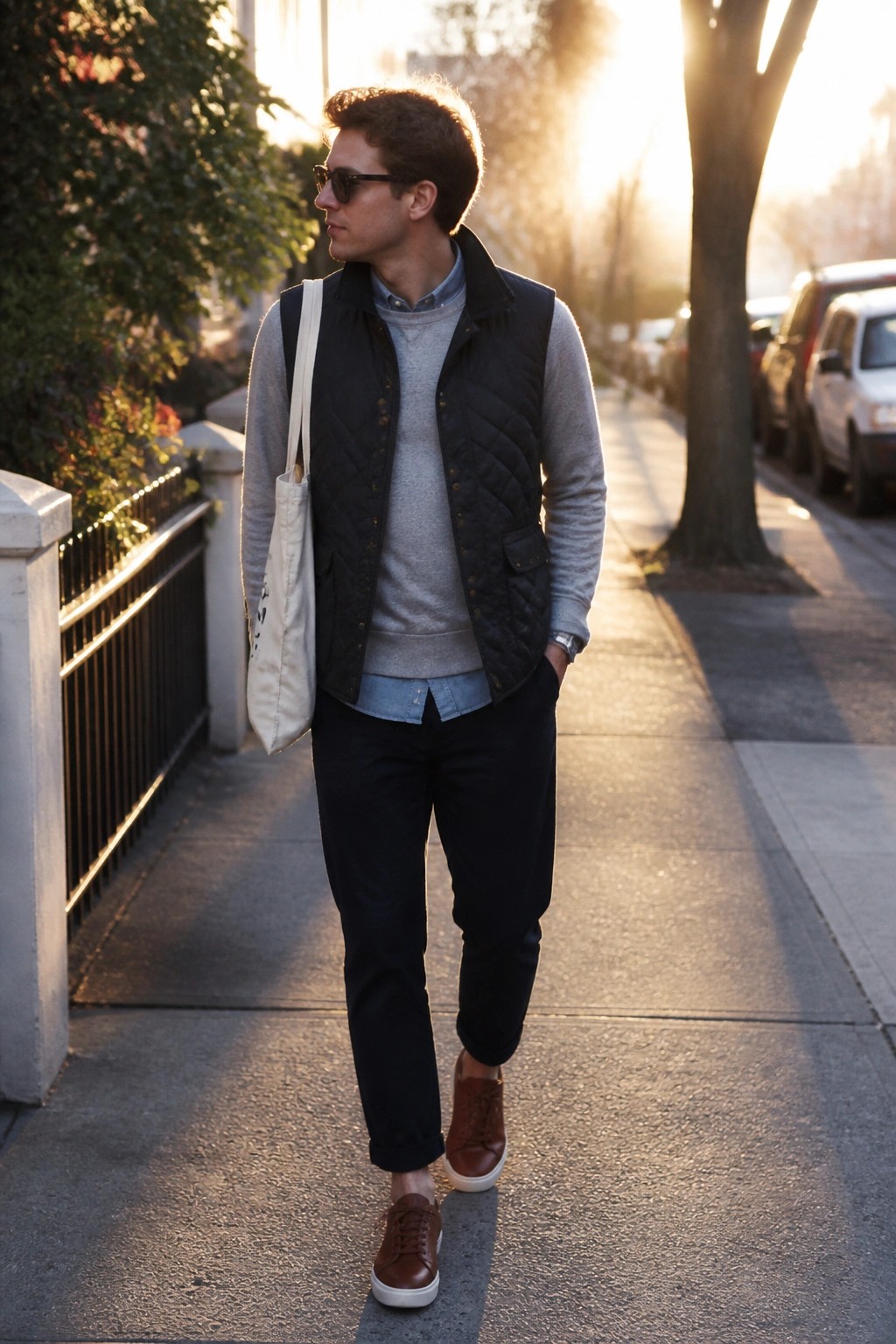 Man in black quilted vest over gray sweater carries tote on sunny sidewalk.