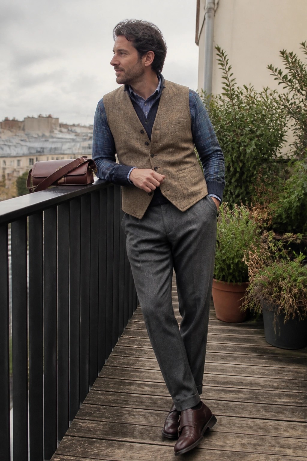 Man in brown tweed vest and plaid shirt on wooden balcony with leather bag