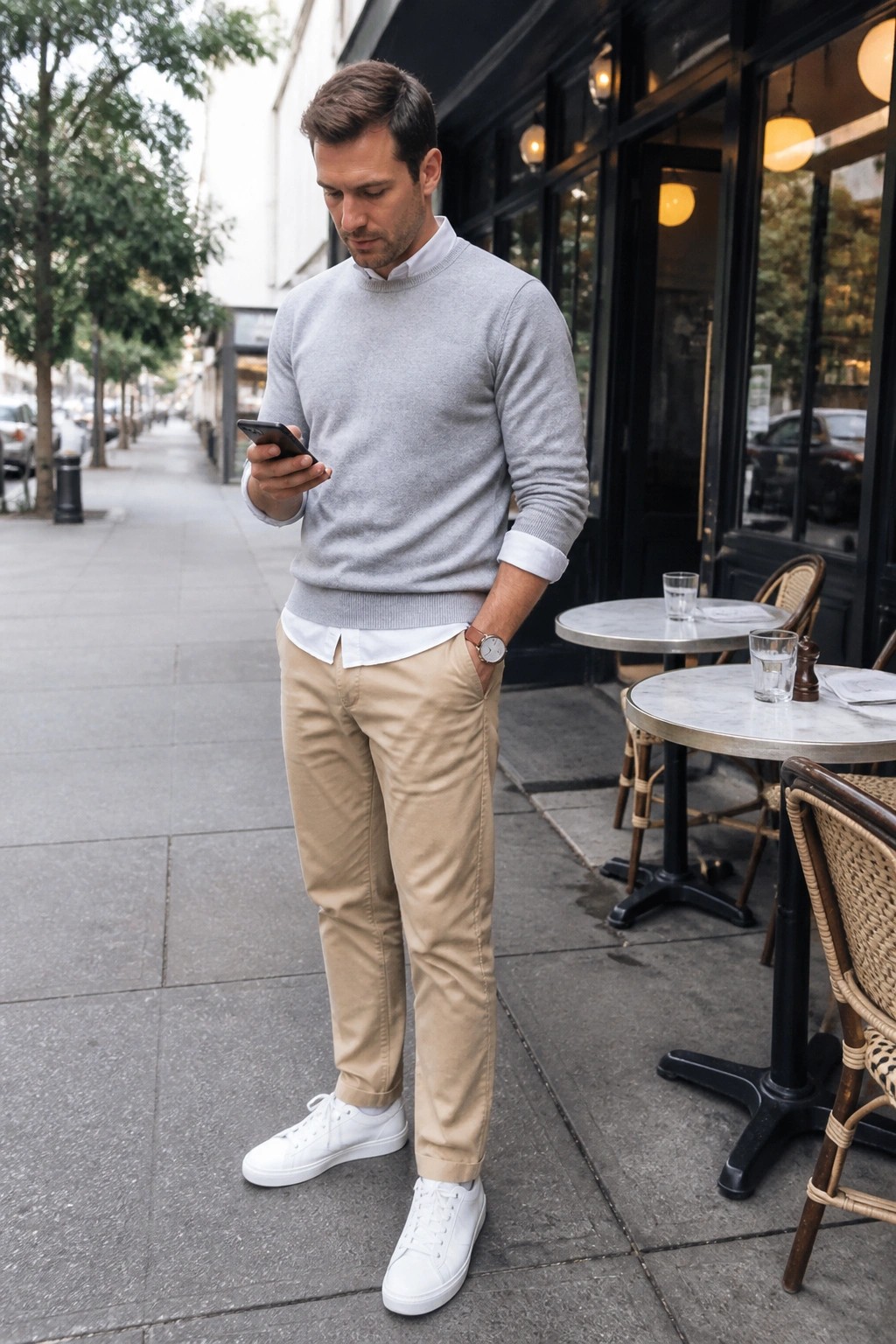 Man in gray sweater and khaki pants checks phone on sidewalk by cafe tables