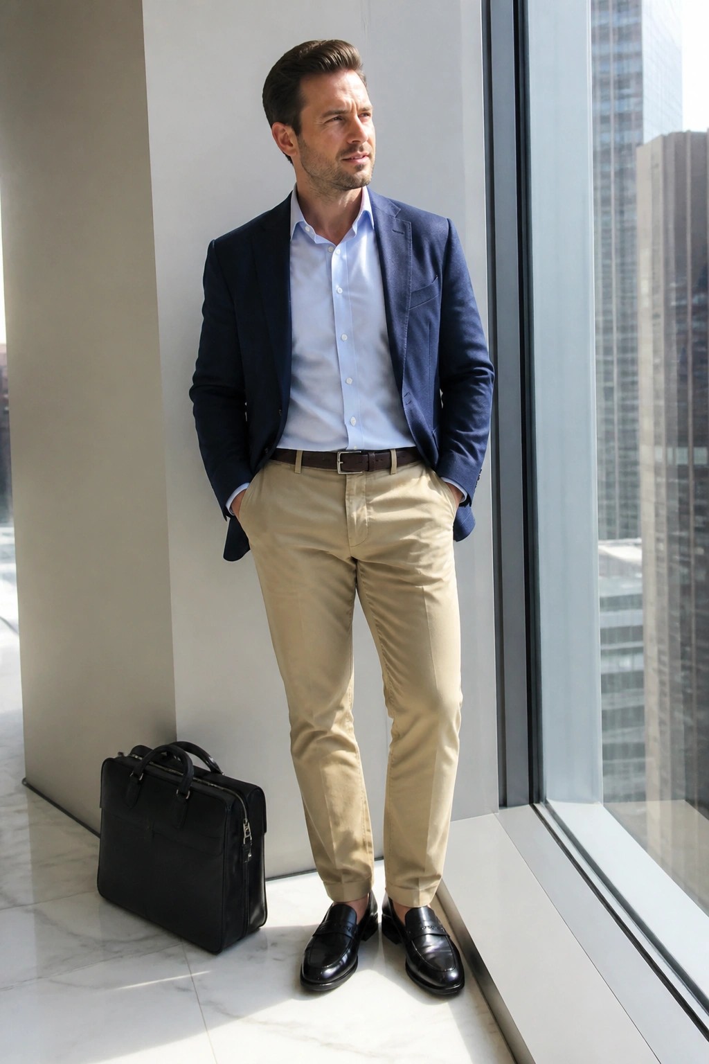 Man in navy blazer and khaki pants with black briefcase by window.