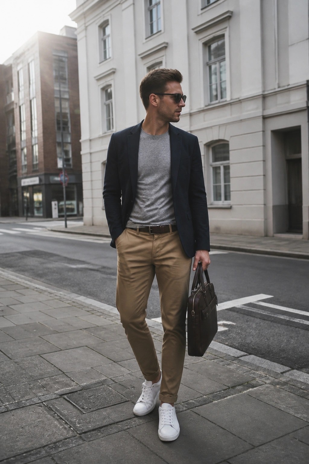 Man in navy blazer, gray shirt, tan pants, white sneakers holding briefcase on city street