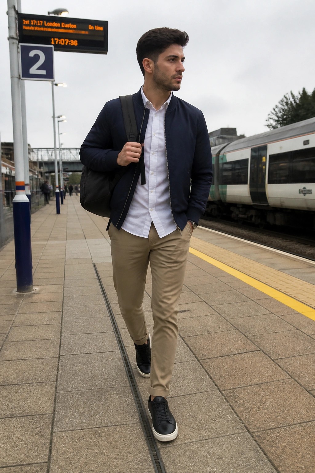 Man in navy bomber jacket and khaki pants on train platform with bag.