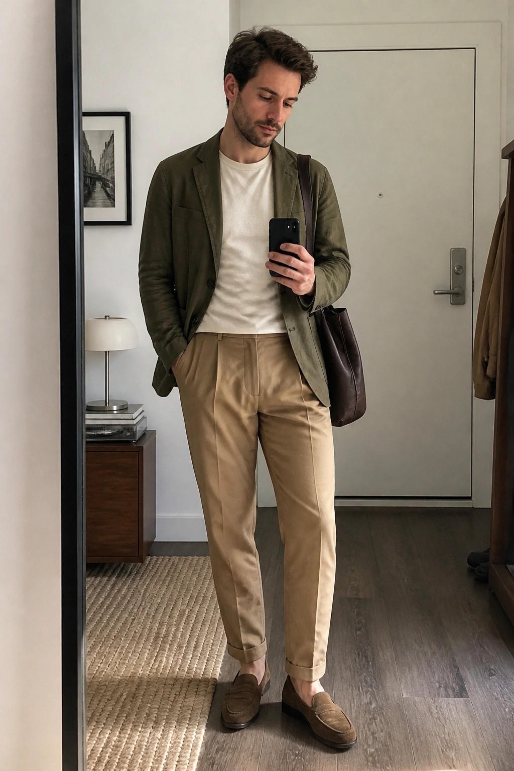 Man in olive blazer, white tee, and beige pants taking mirror selfie.
