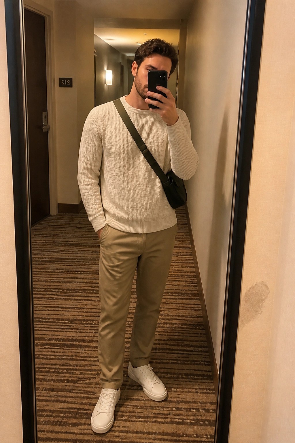 Man wearing a white textured knit sweater, tan trousers, white sneakers, and a black crossbody bag in a hotel hallway mirror selfie.