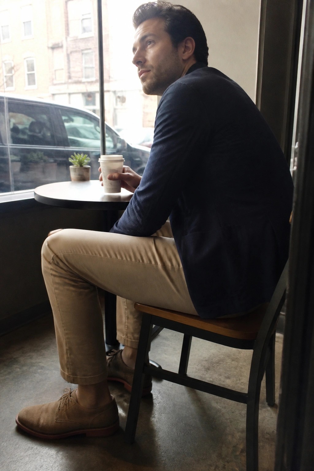 Man in navy blazer and khaki pants holds coffee by cafe window