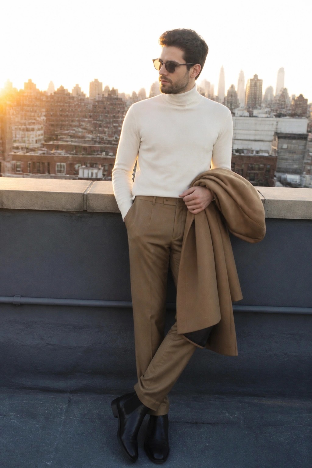 Man in white turtleneck and brown trousers holding tan coat on city rooftop at sunset