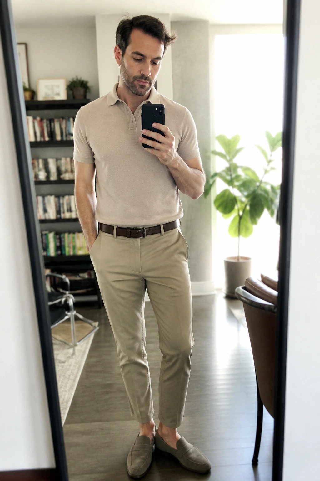 Man in beige polo shirt and khaki pants taking mirror selfie with phone