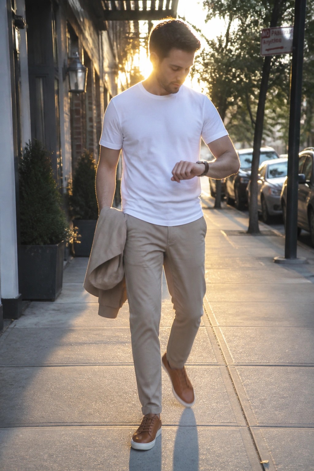 Man in white t-shirt and khaki pants holds jacket while checking watch on sidewalk.