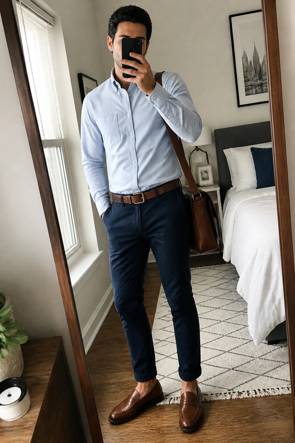 Man in light blue shirt and navy pants taking mirror selfie in bedroom