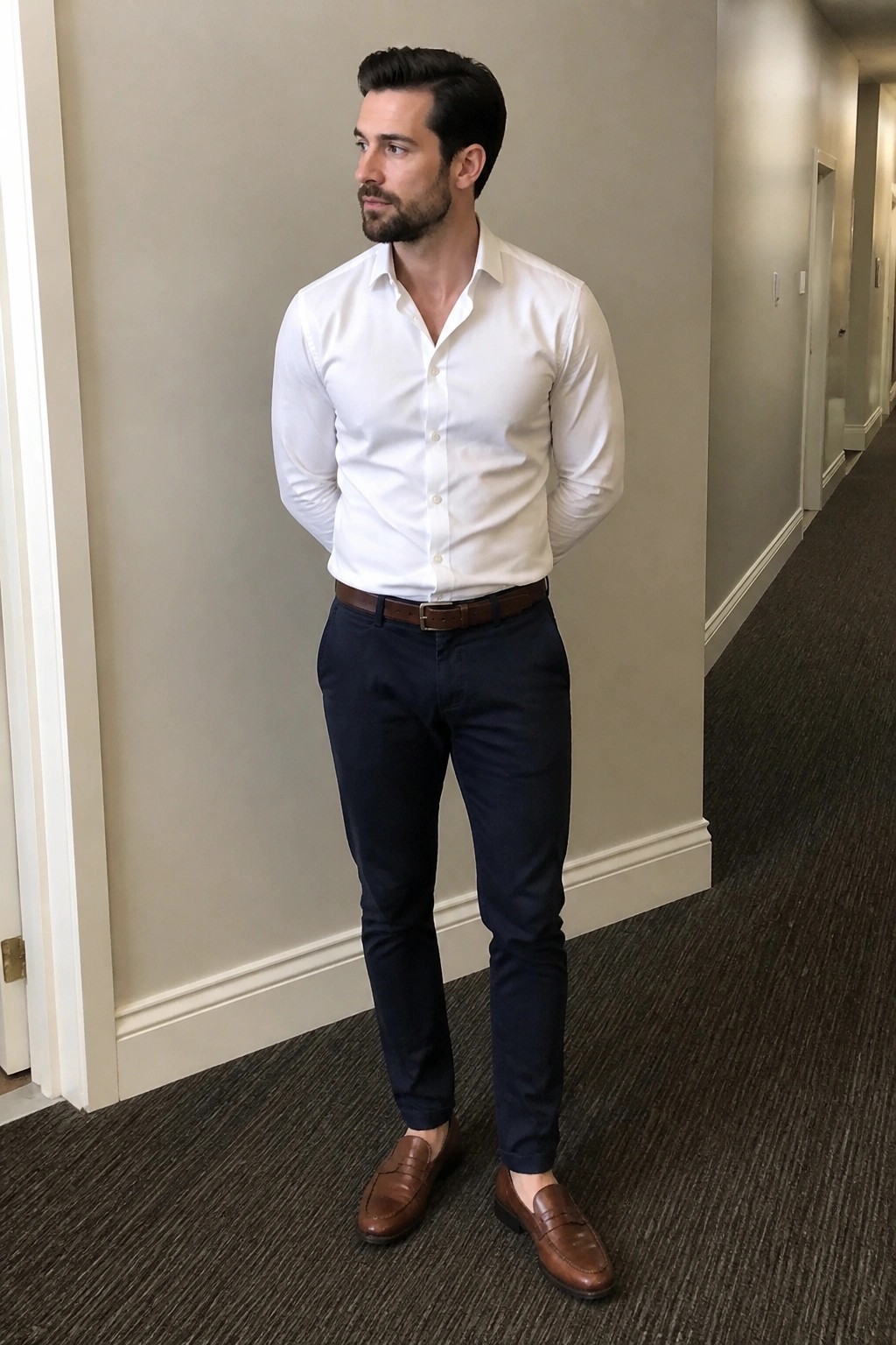 Man in white shirt and navy pants standing in office hallway
