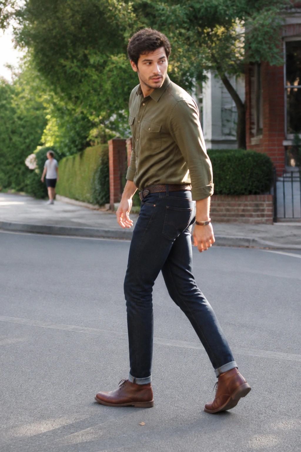 Man in green shirt and dark jeans walking on sunny urban street