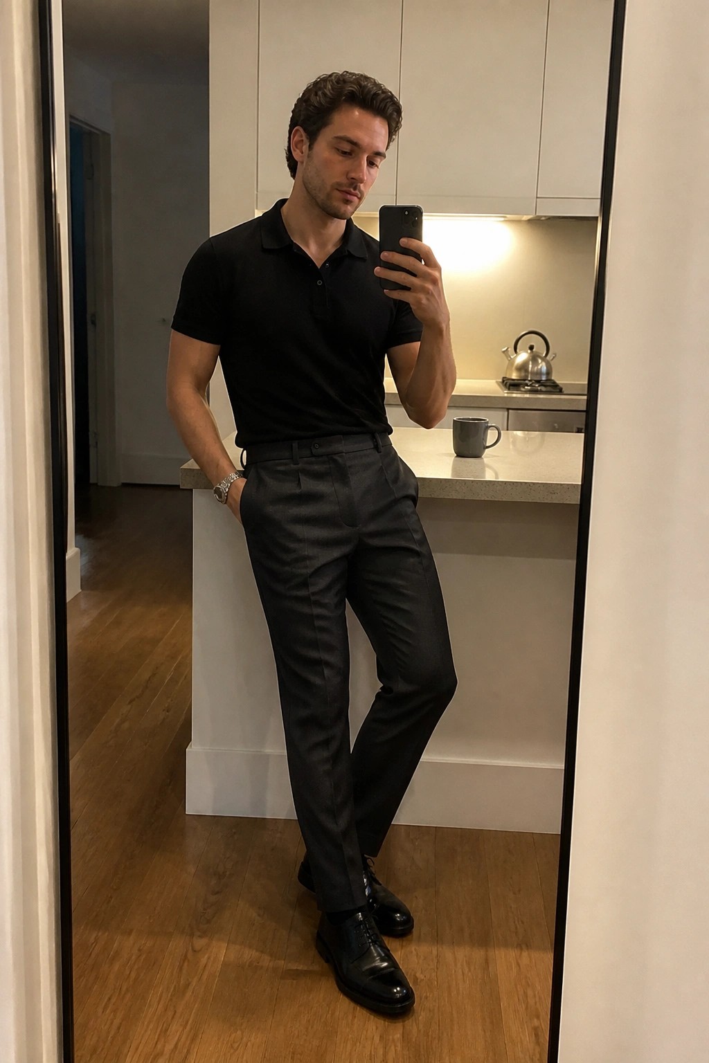 Man in black polo shirt and gray trousers taking mirror selfie in kitchen