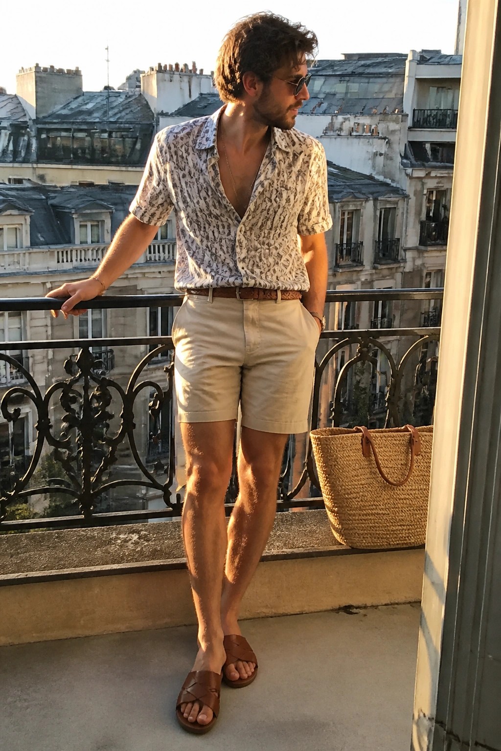 Man in patterned shirt and beige shorts on sunny city balcony with woven bag.