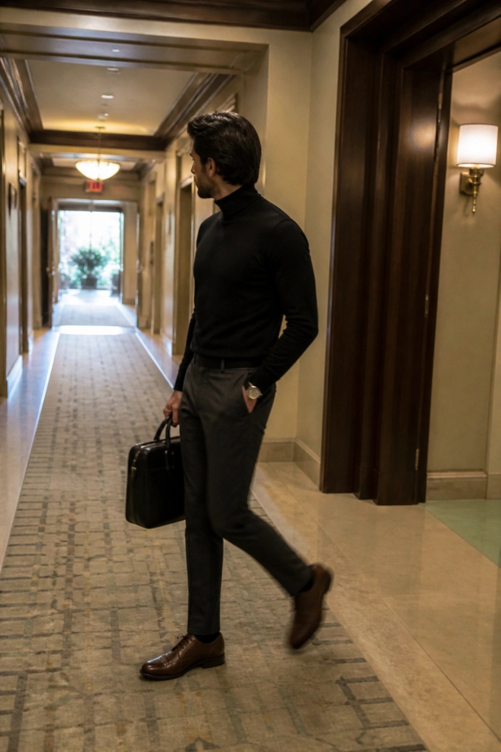 Man in black turtleneck and gray pants carrying briefcase in elegant hallway