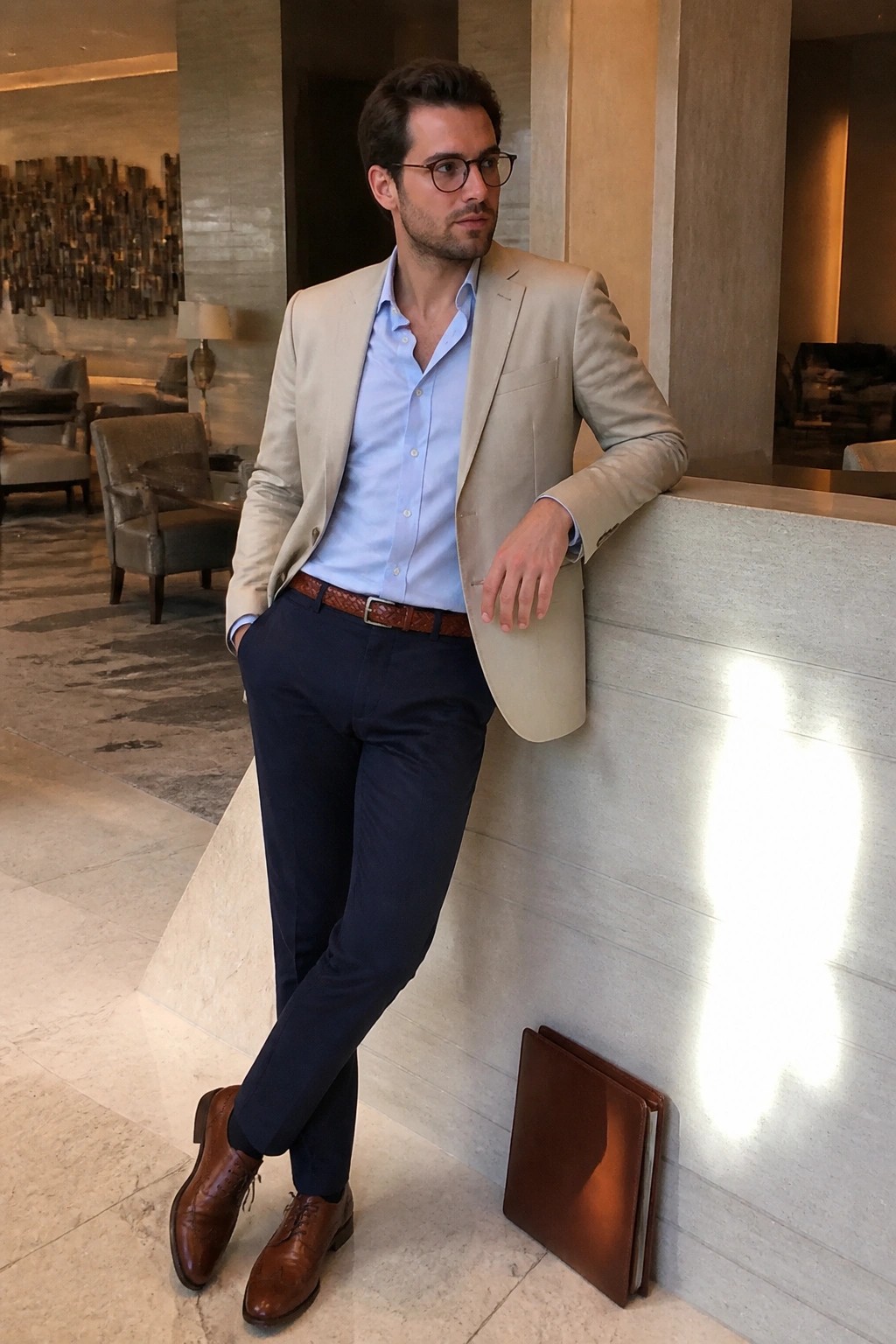 Man in beige blazer, blue shirt, and navy pants leaning on marble counter.
