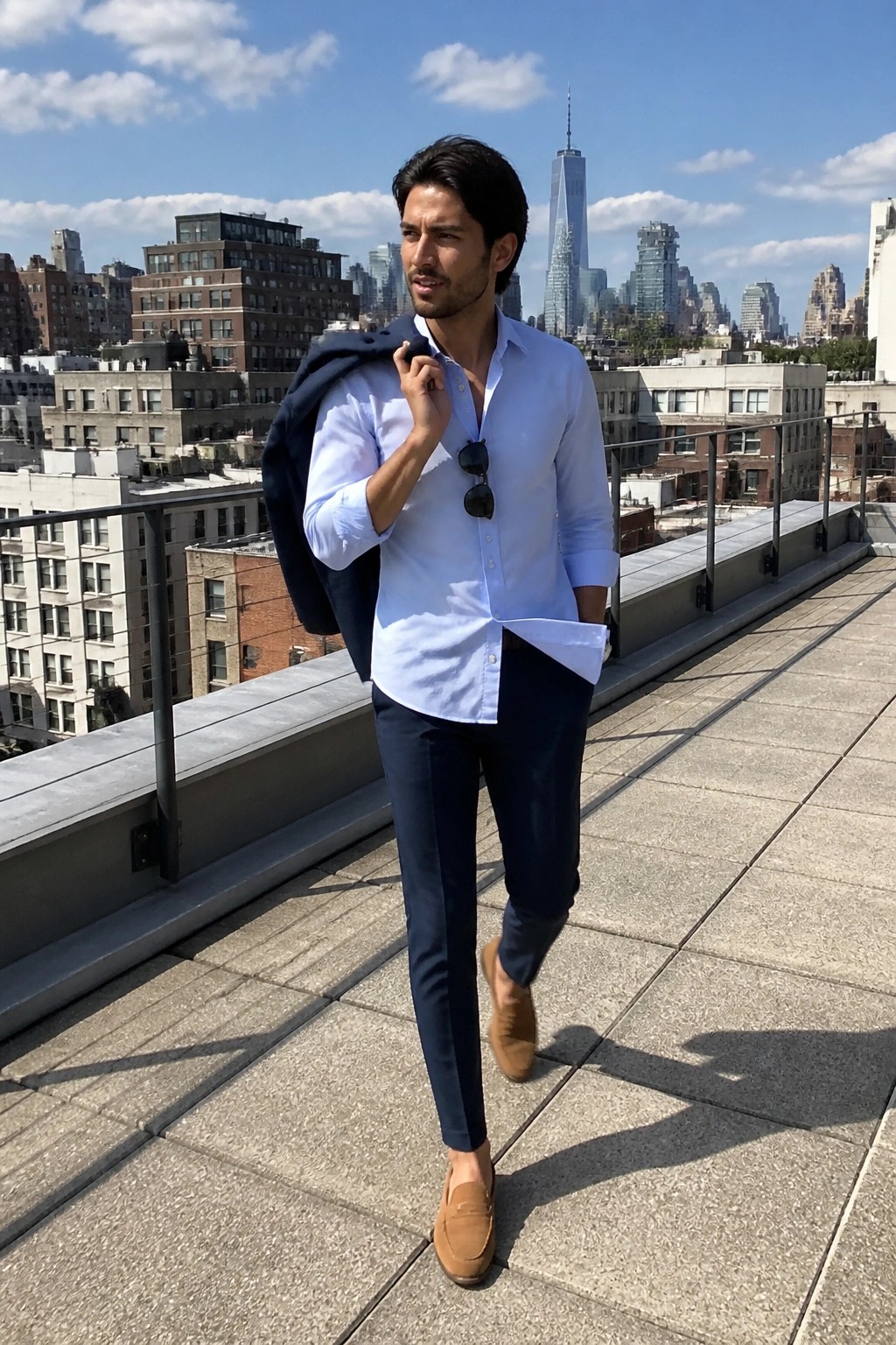 Man in light blue shirt holding navy blazer on sunny city rooftop with skyline behind