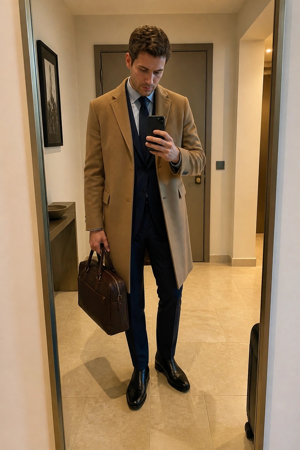 Man in tan overcoat over navy suit holds briefcase while viewing phone in hallway.