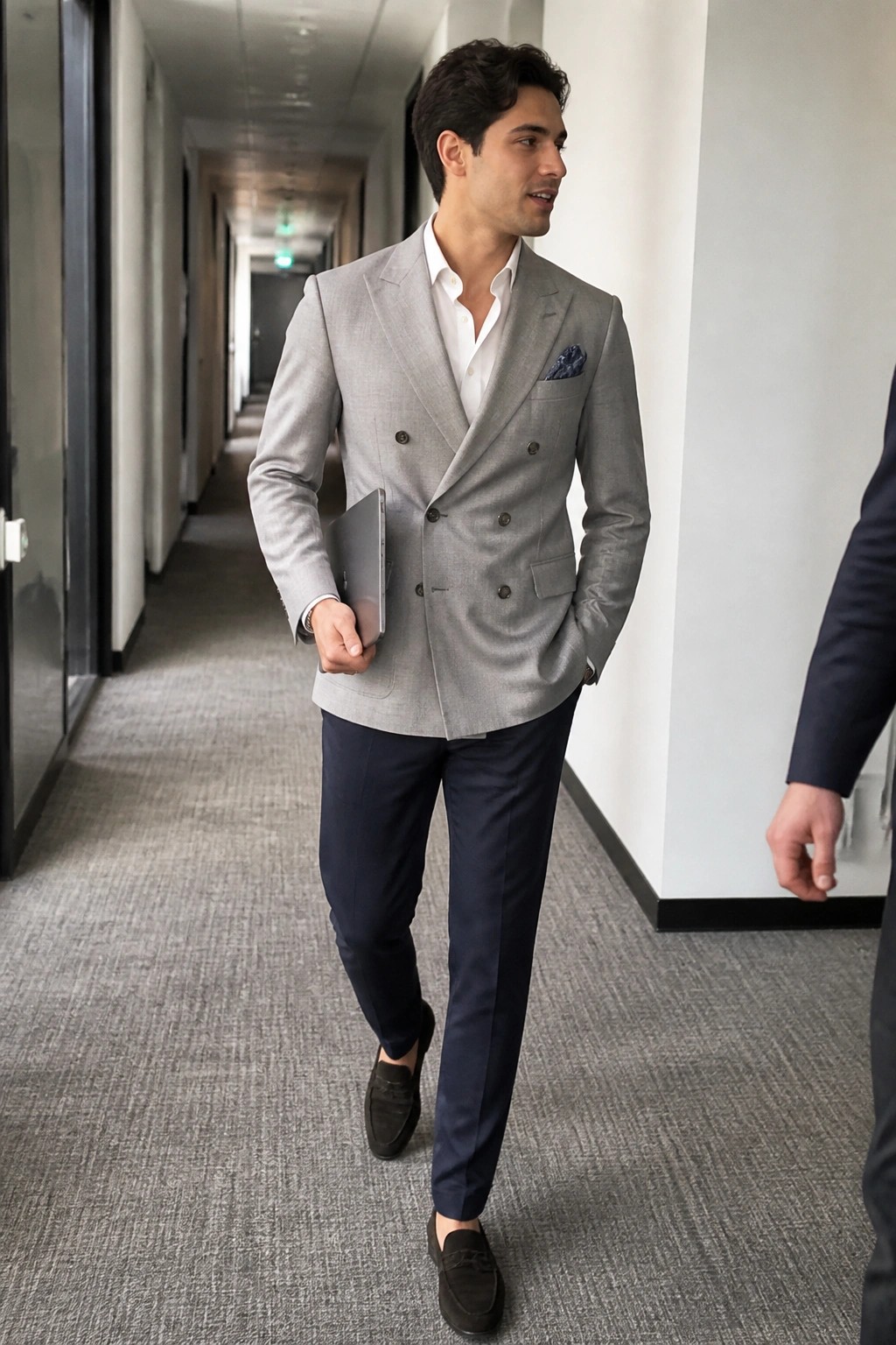 Man in gray double-breasted suit holding laptop walks through office hallway