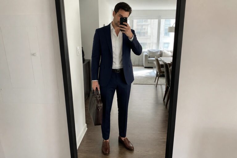 19 Sharp Meeting Outfits for Men That Create a Confident First Impression Man in navy suit holding brown briefcase and phone for mirror selfie in apartment