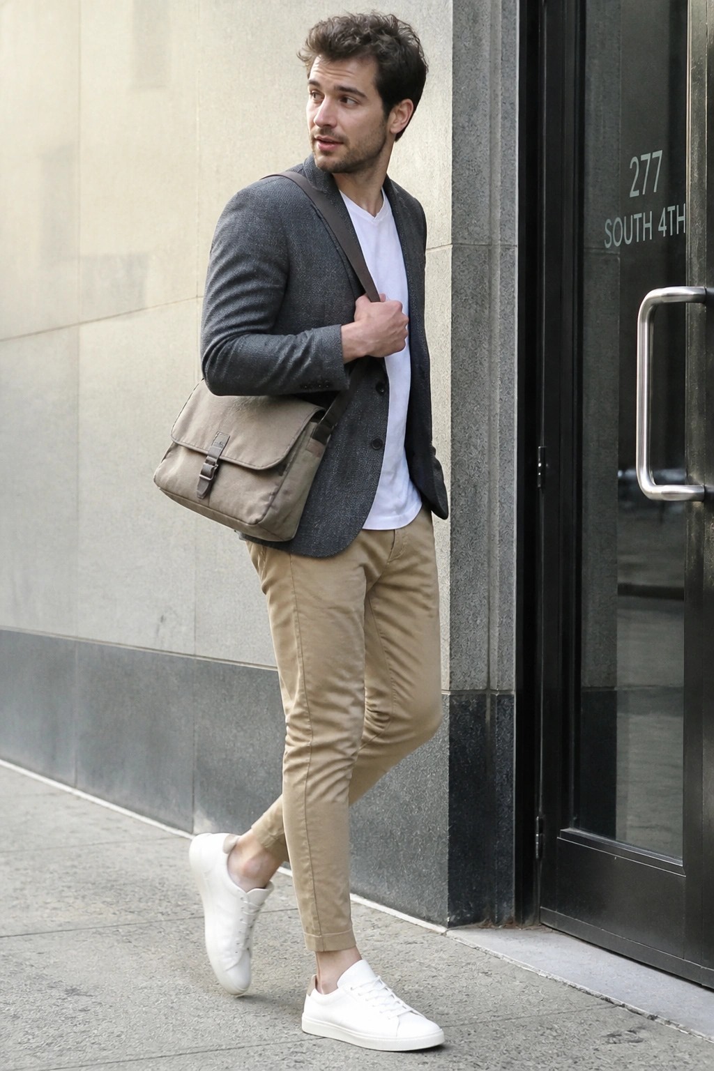 Man in gray blazer, white tee, khaki pants, white sneakers with messenger bag.