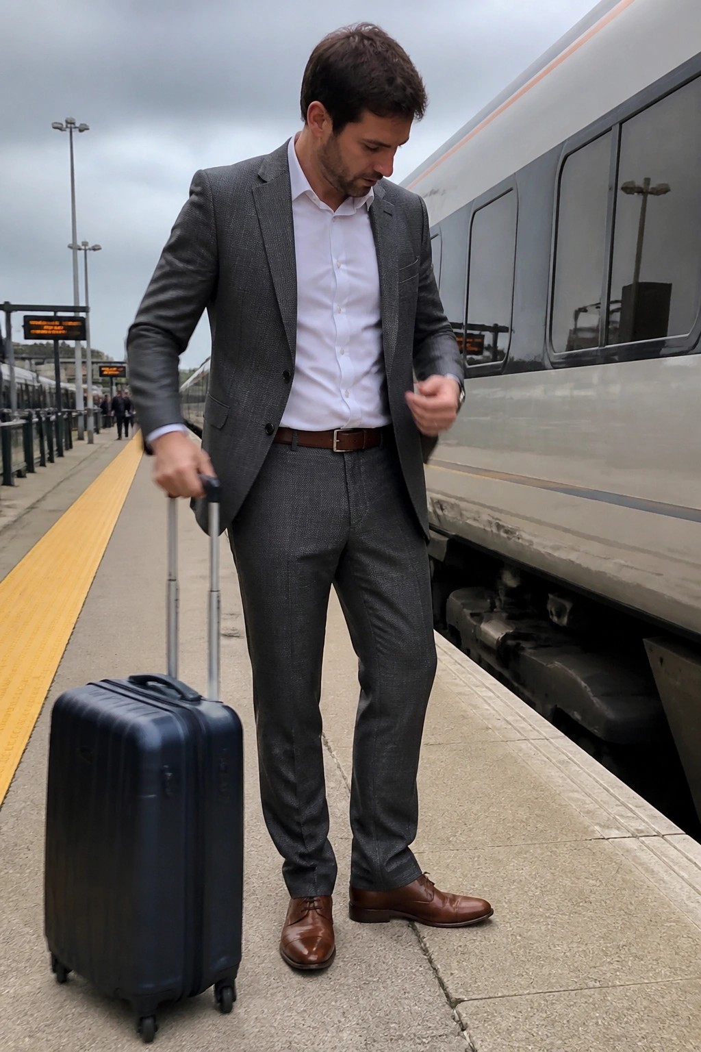 Man in gray suit pulling navy suitcase beside train on station platform.