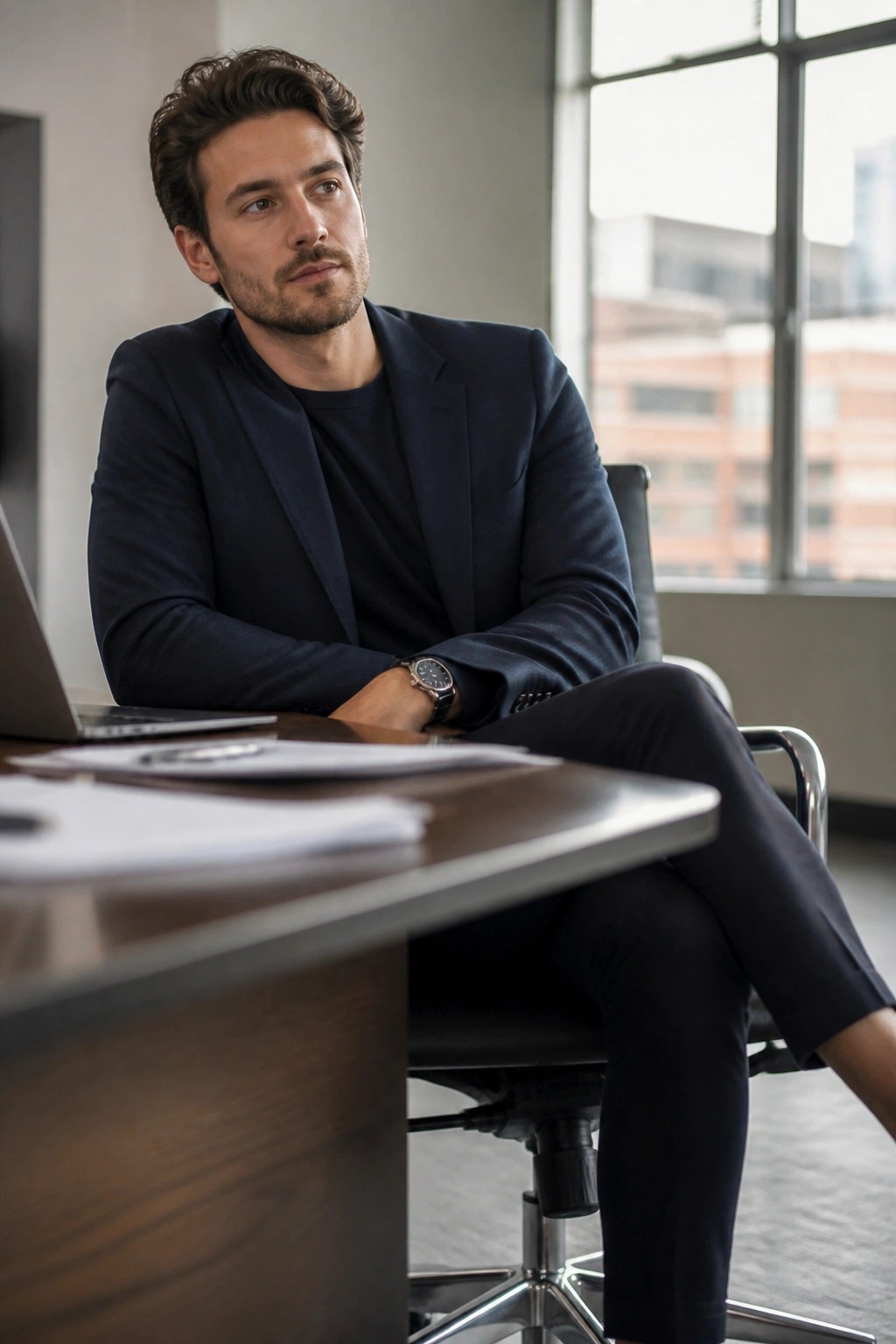 Man wearing a navy blazer over a dark t-shirt with matching dark trousers and a wristwatch seated at an office desk.