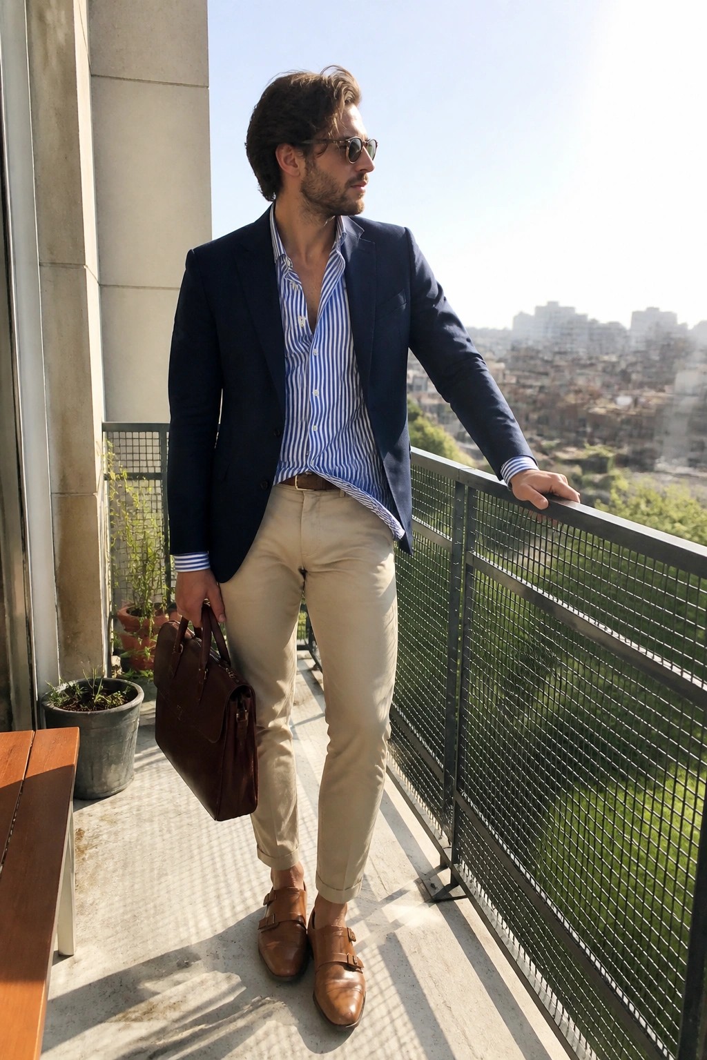 Man in navy blazer and striped shirt holds briefcase on sunny city balcony