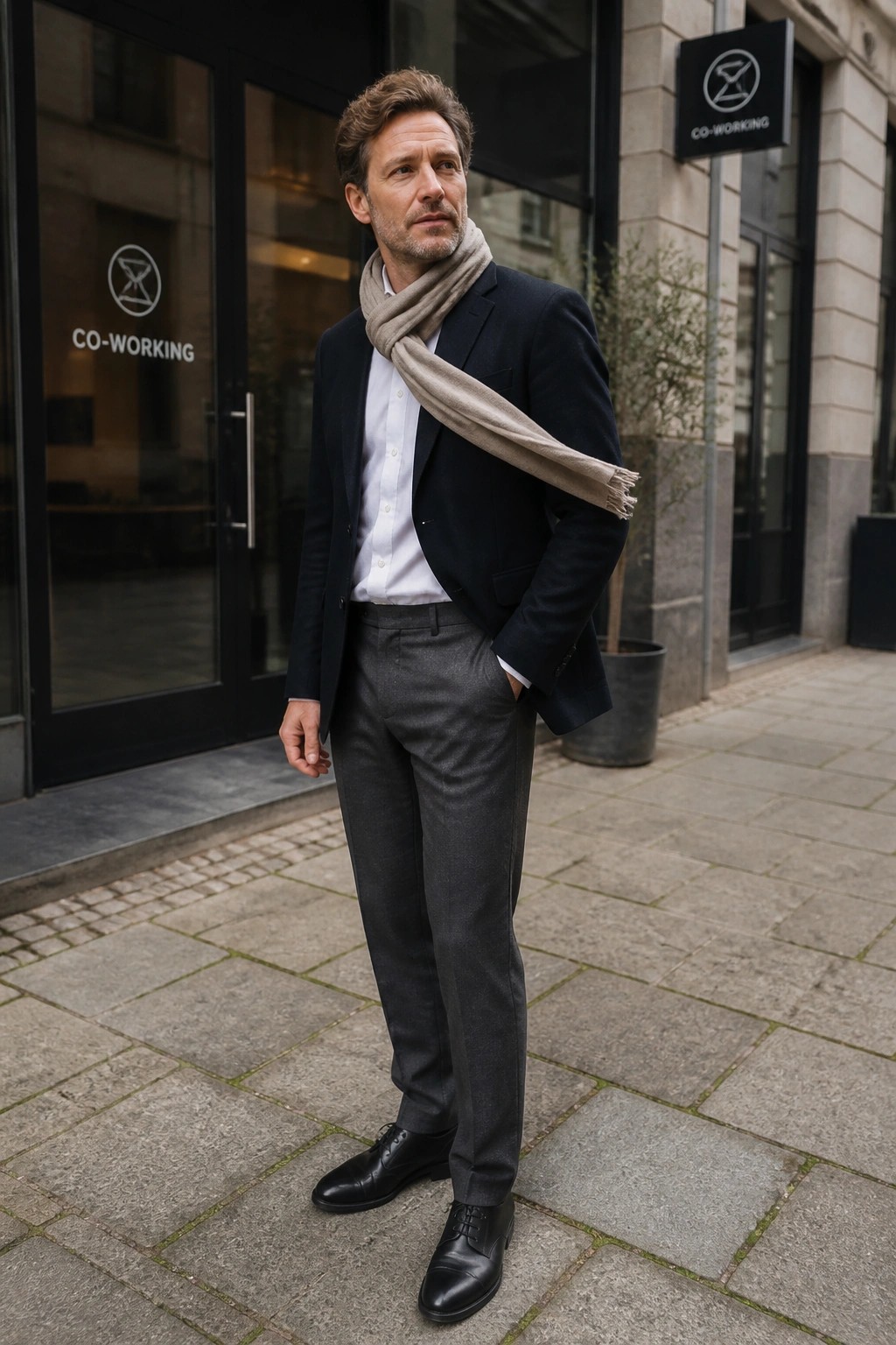 Man in navy blazer white shirt gray trousers black dress shoes and beige scarf standing outside co-working space.