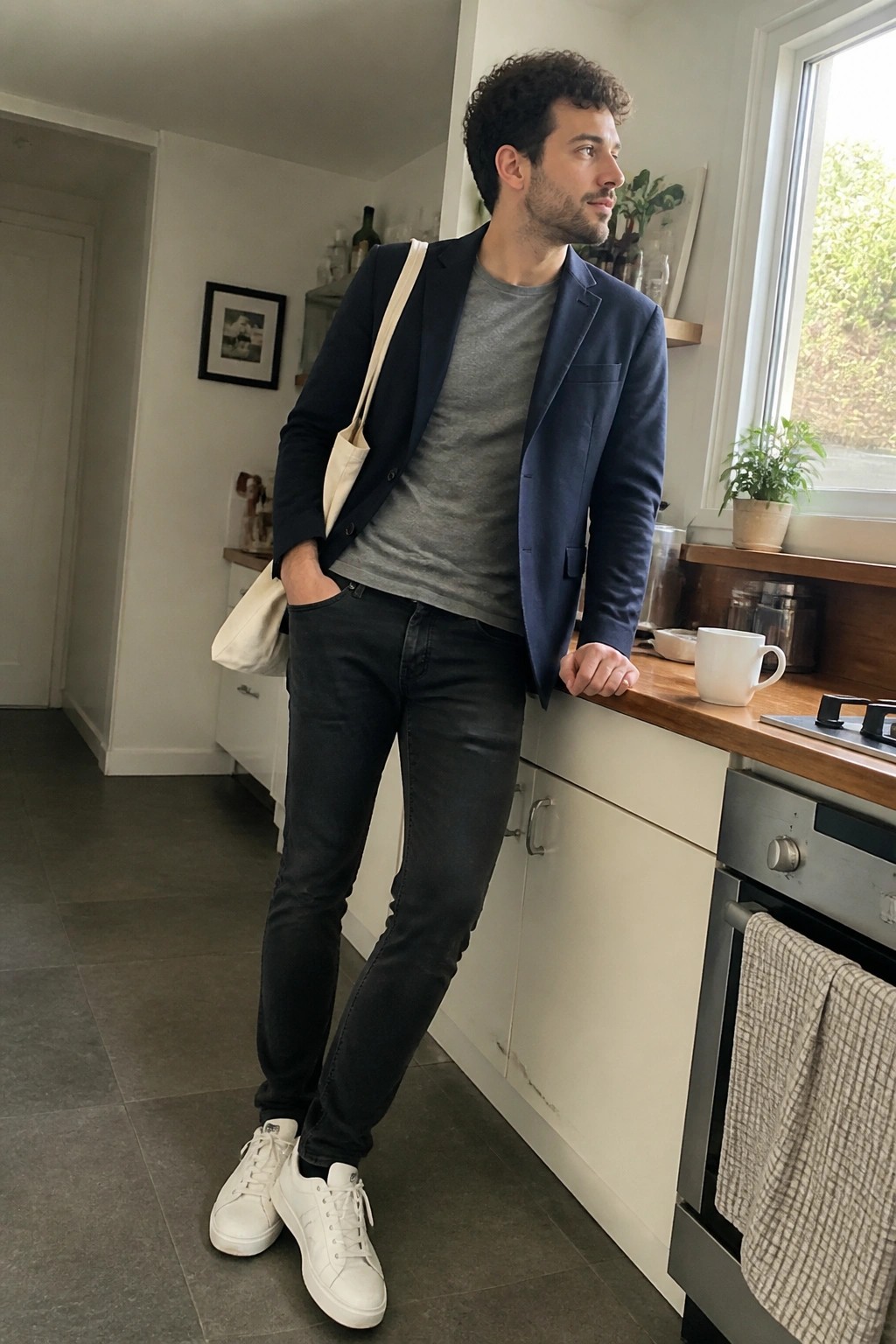 Man in navy blazer over grey tee with black jeans and tote bag in kitchen