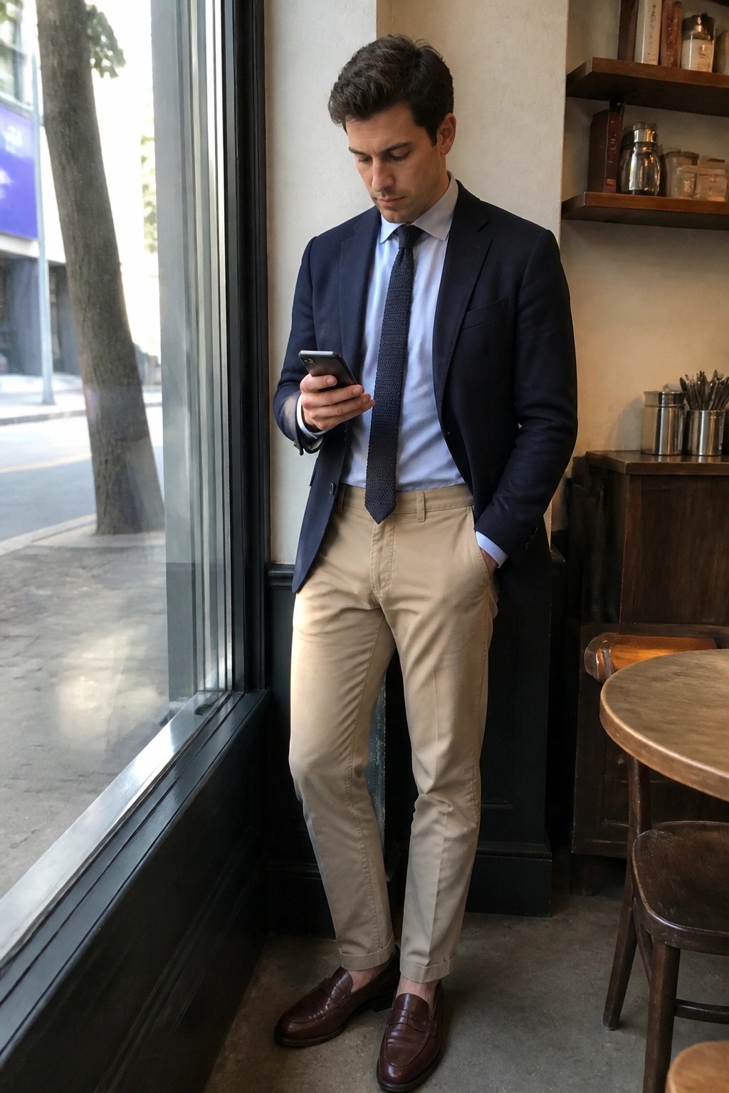 Man in navy blazer and khaki pants checks smartphone by cafe window