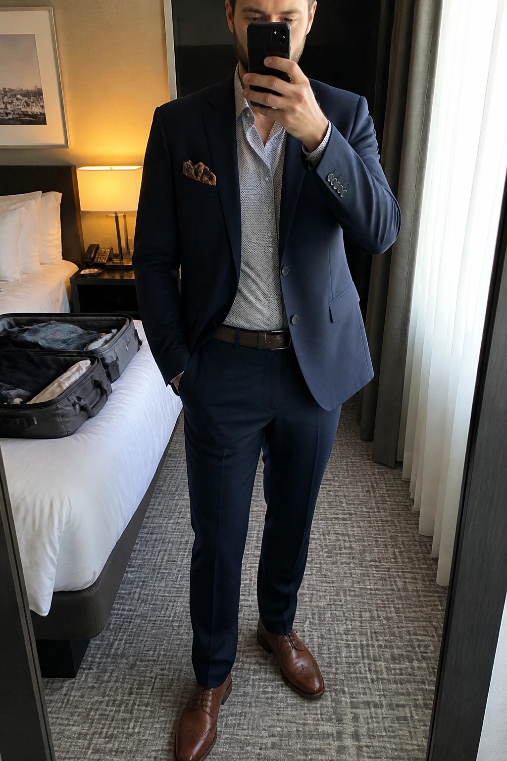 Man in navy suit takes mirror selfie in hotel room with open suitcase