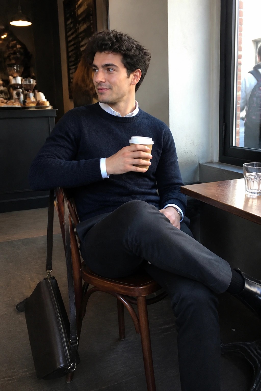 Curly-haired man in navy sweater holding coffee cup in wooden cafe chair