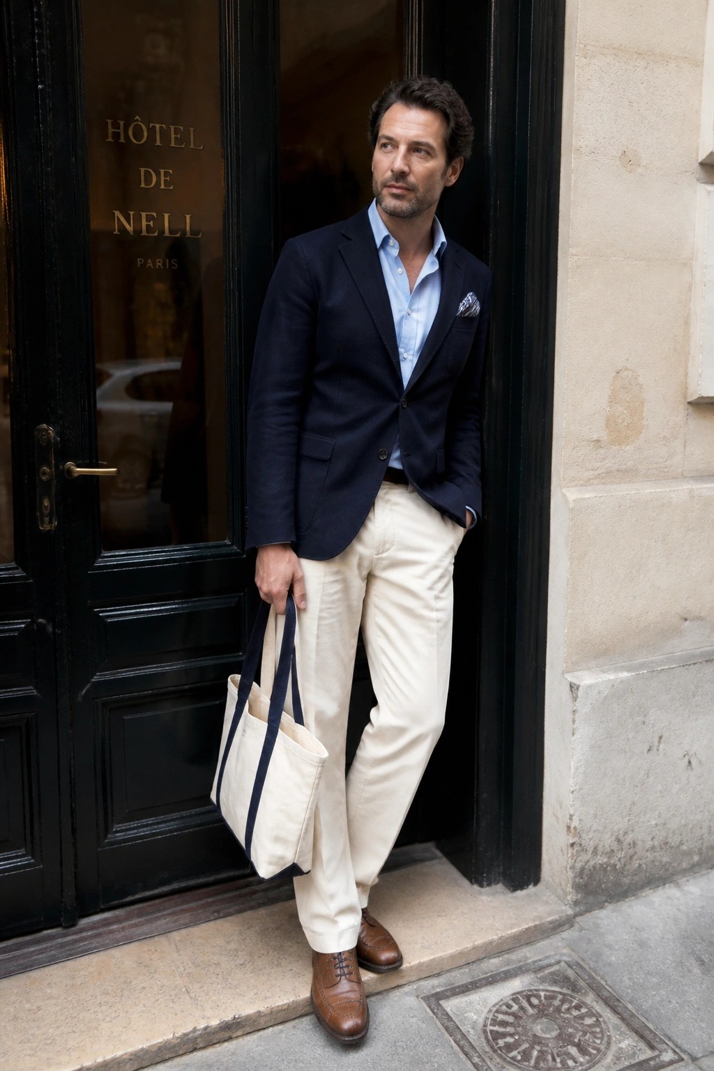 Man in navy blazer, blue shirt, and cream pants holds tote bag at hotel entrance
