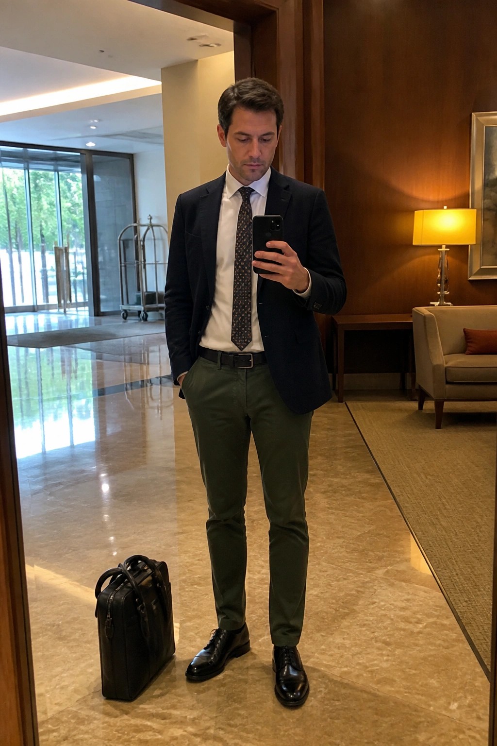 Man in navy blazer and olive pants holds smartphone beside black briefcase on marble floor