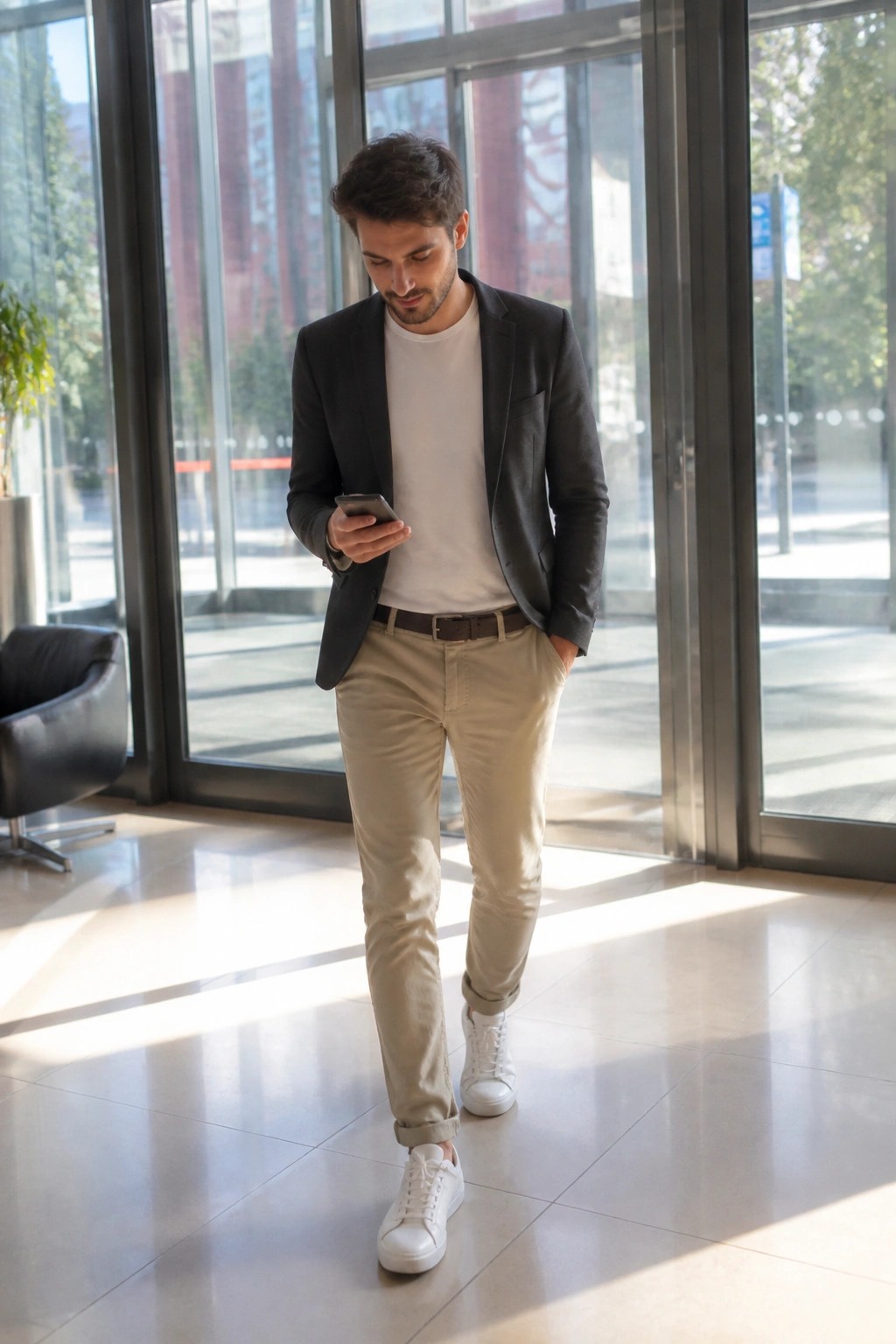 Man in dark blazer, white tee, and khaki pants checks smartphone indoors