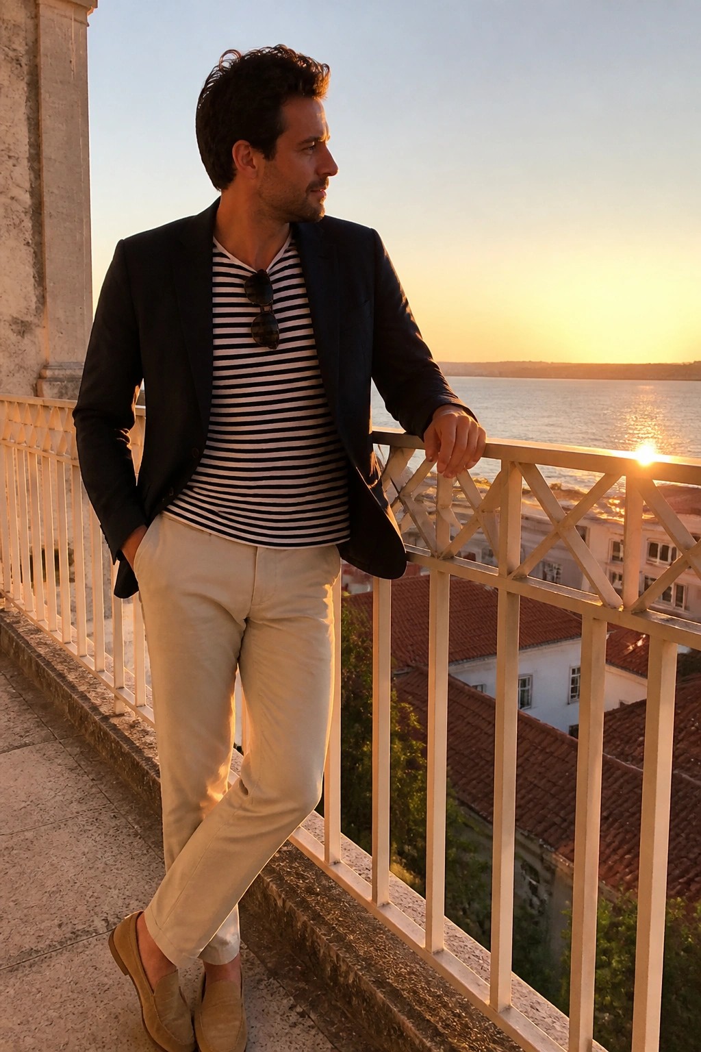 Man in navy blazer over striped shirt leans on balcony overlooking sunset sea.