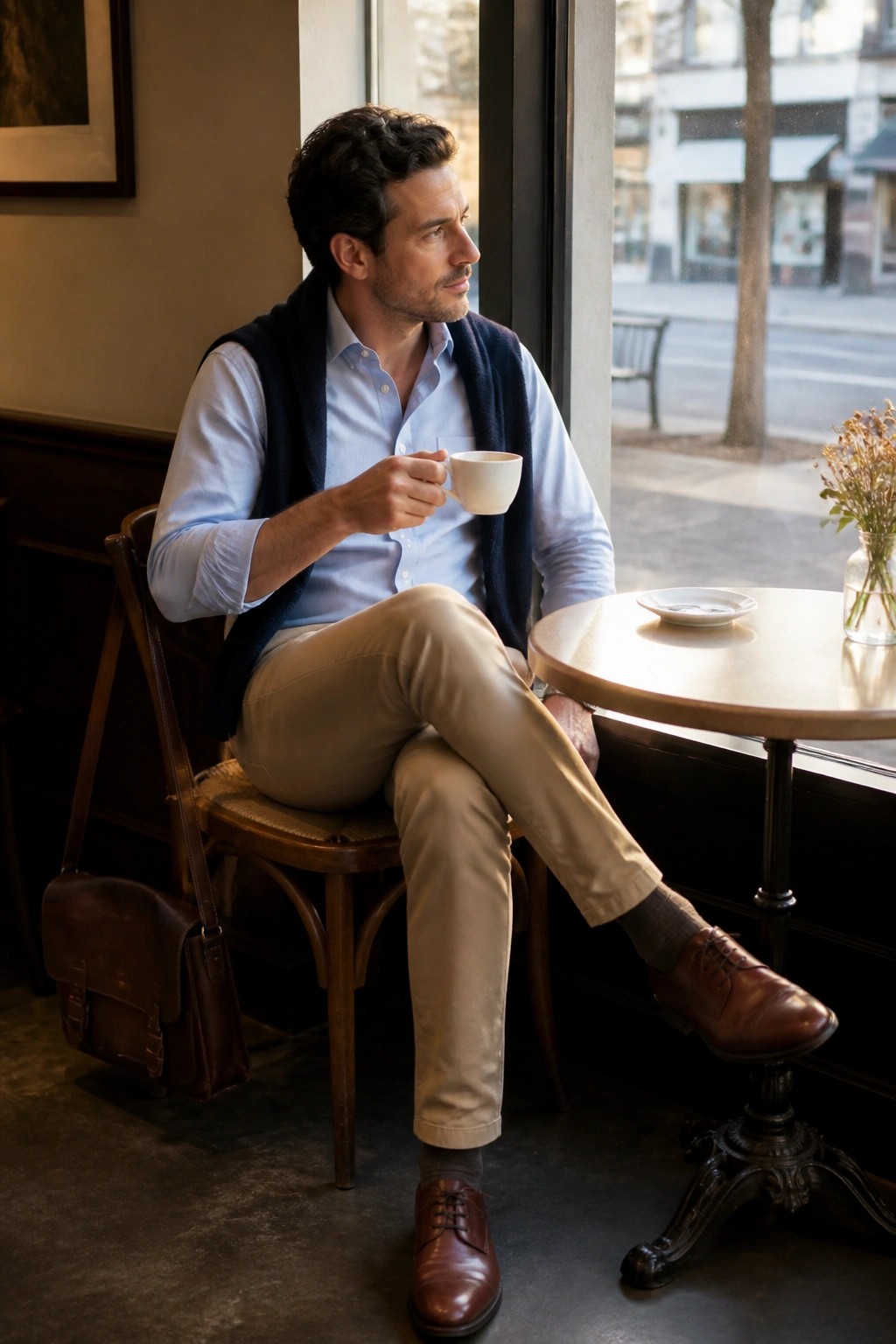 Man in blue shirt and navy vest holds coffee at cafe window table