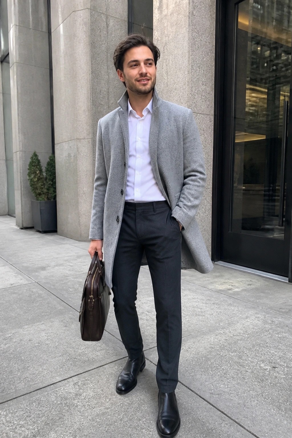 Man in gray overcoat over white shirt holding brown briefcase outside building