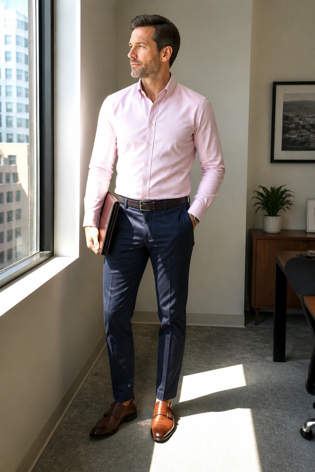 Man in pink shirt and navy pants holding portfolio by sunny office window.