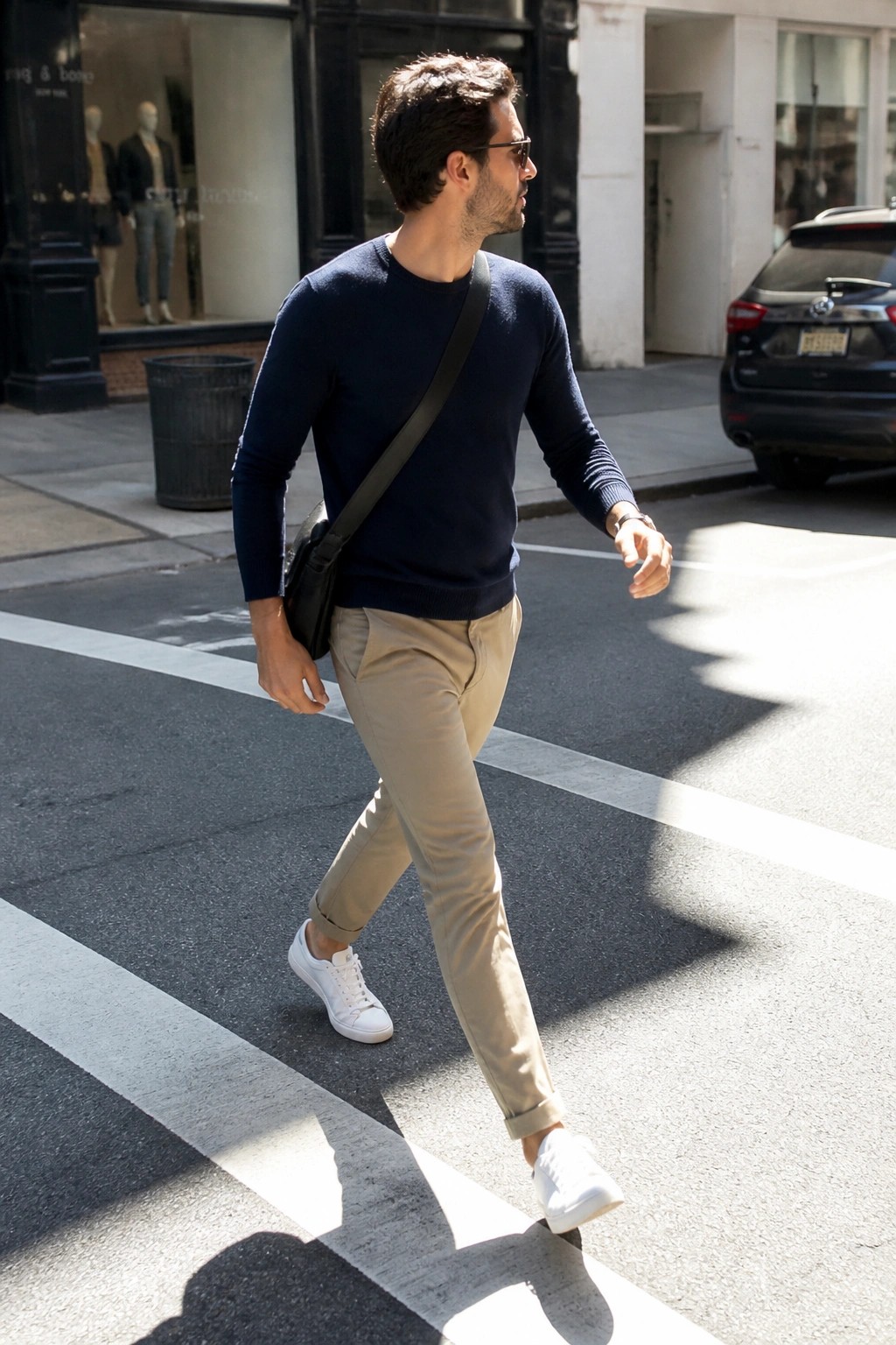 Man in navy sweater and beige pants crossing sunny city street with black bag