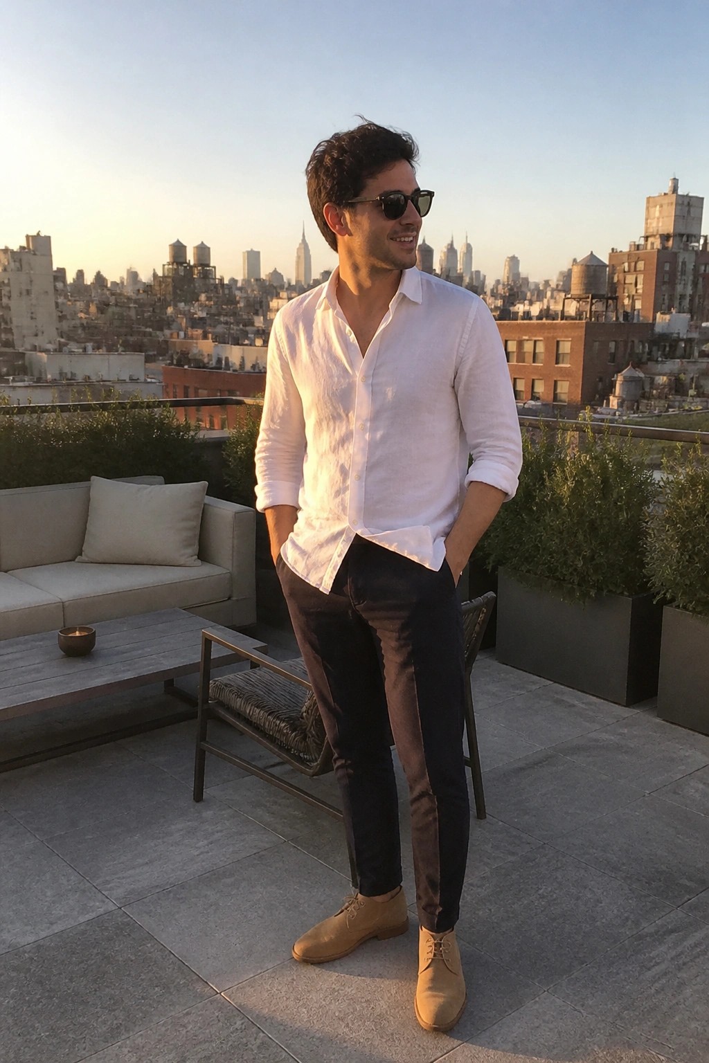 Man in white shirt and sunglasses stands on rooftop overlooking New York City skyline.