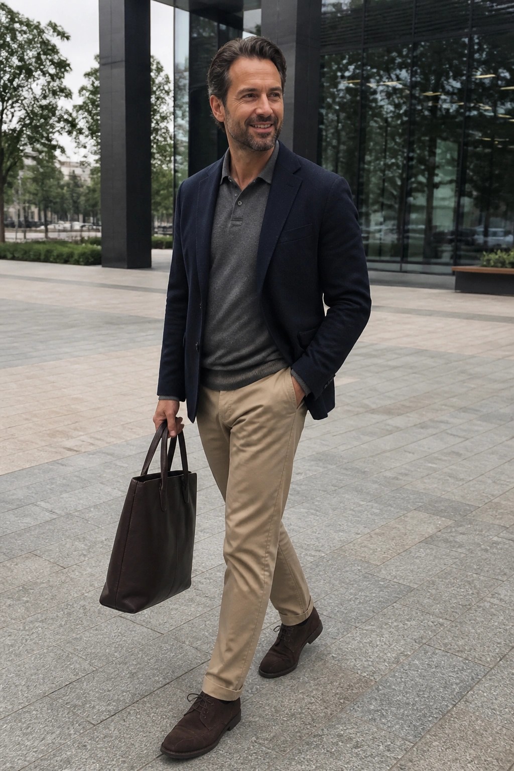 Man in navy blazer, gray polo, and beige pants holding brown leather tote bag.