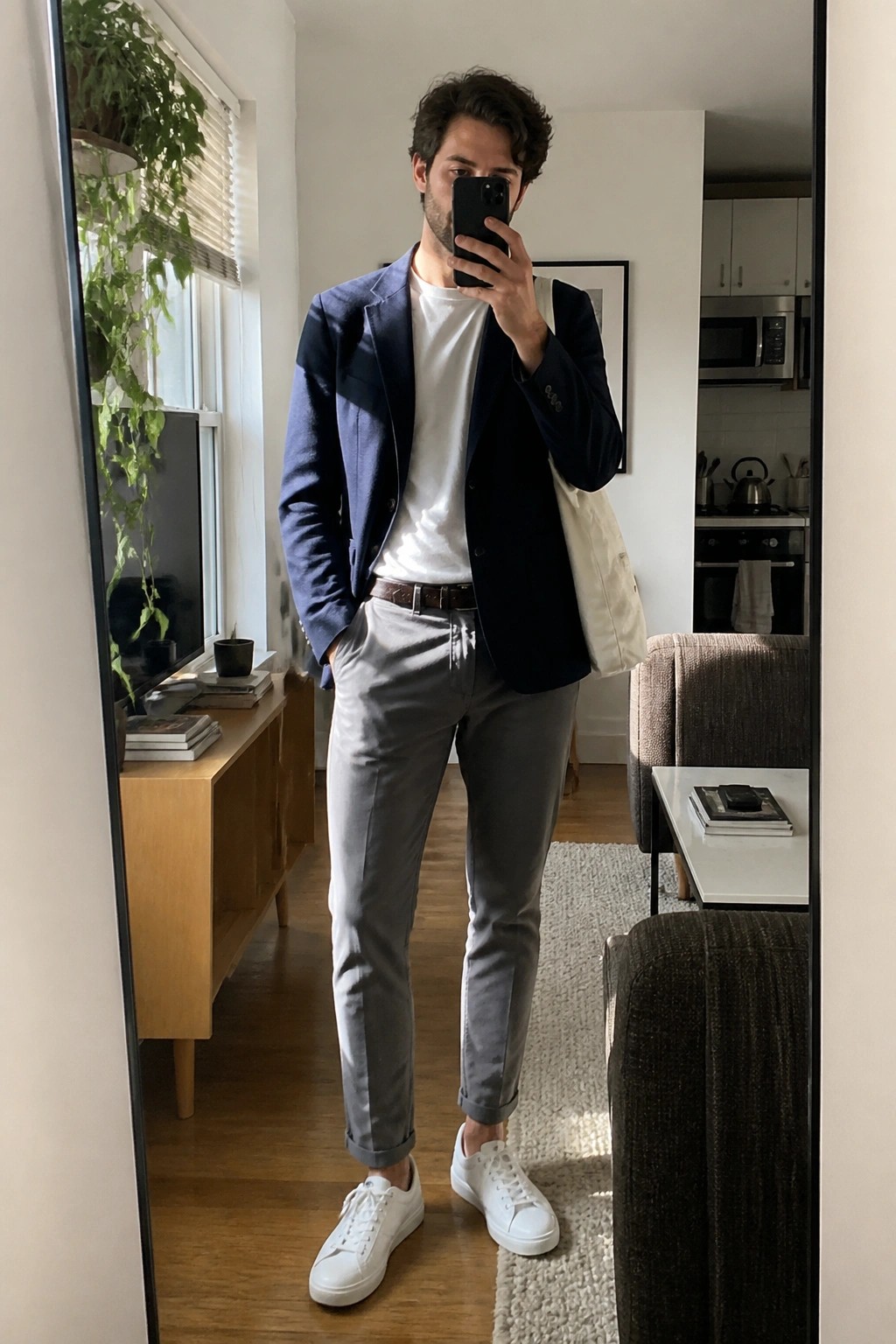 Man in navy blazer and gray pants taking mirror selfie with phone and tote bag