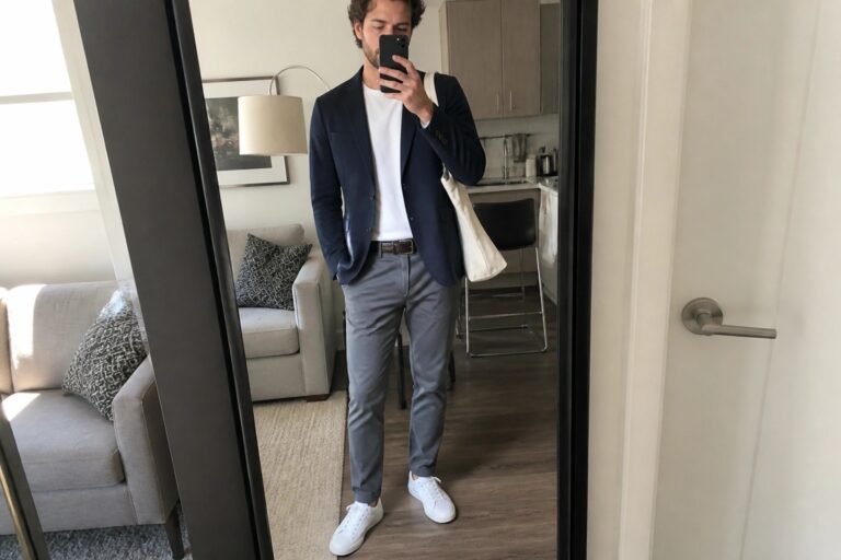 19 Stylish Spring Office Outfits for Men Built Around Smart Transitional Layers Man in navy blazer and gray pants taking mirror selfie with phone and tote bag