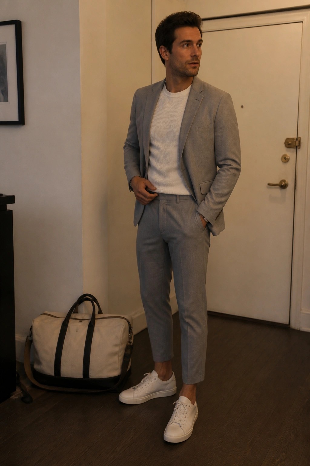 Man in light gray suit and white sneakers beside canvas duffel bag indoors