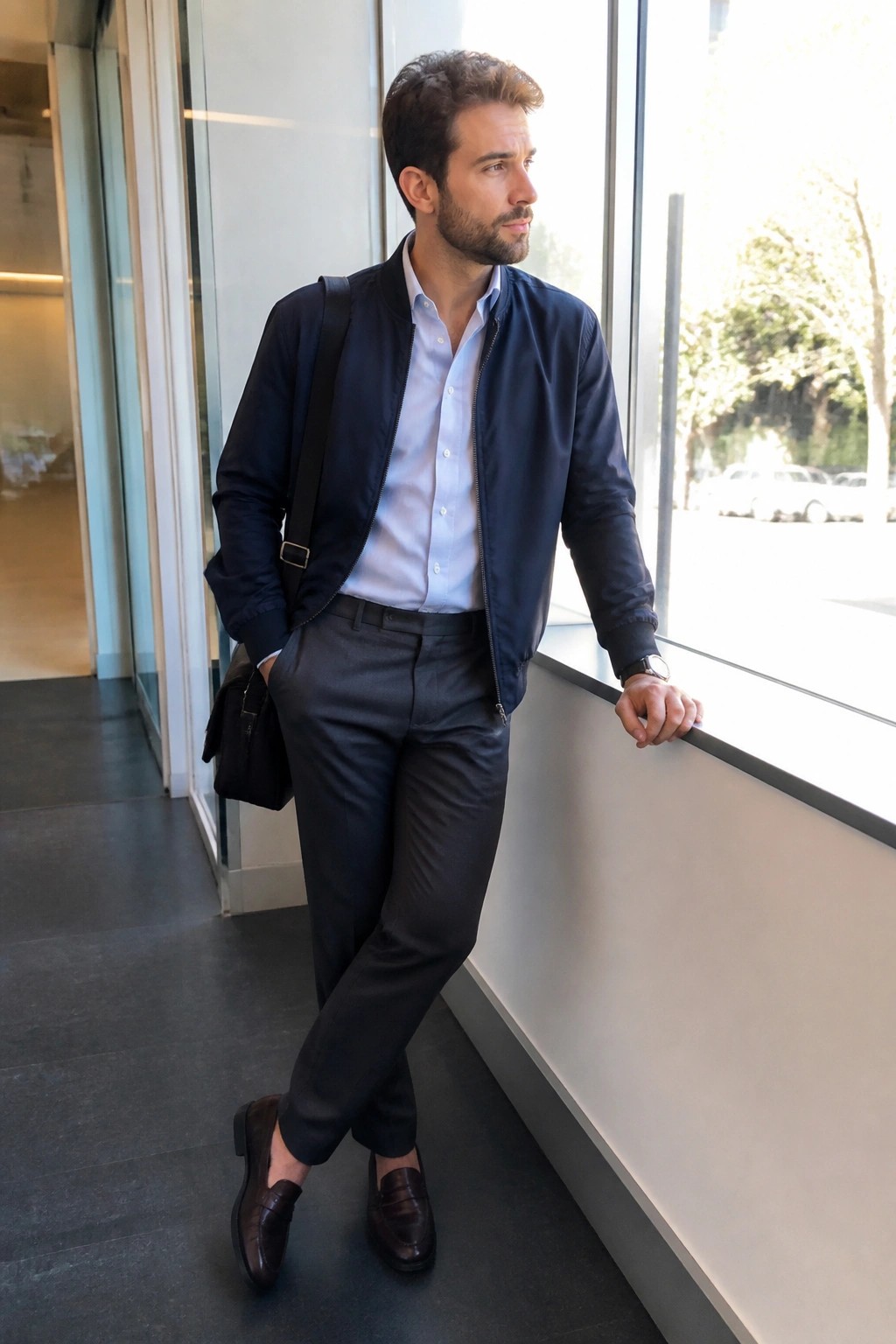 Man in navy bomber jacket over light blue button down shirt with gray trousers and brown loafers standing by office window.