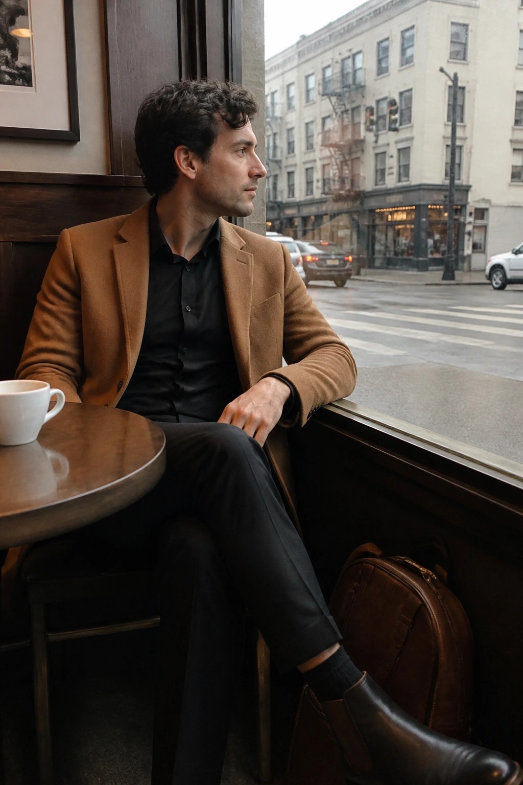 Man in tan coat and black shirt gazes out from cafe window seat