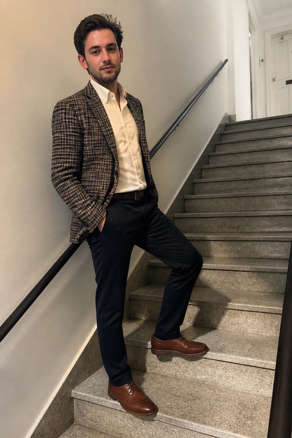 Man in checkered blazer and navy pants posing on gray staircase with hand in pocket