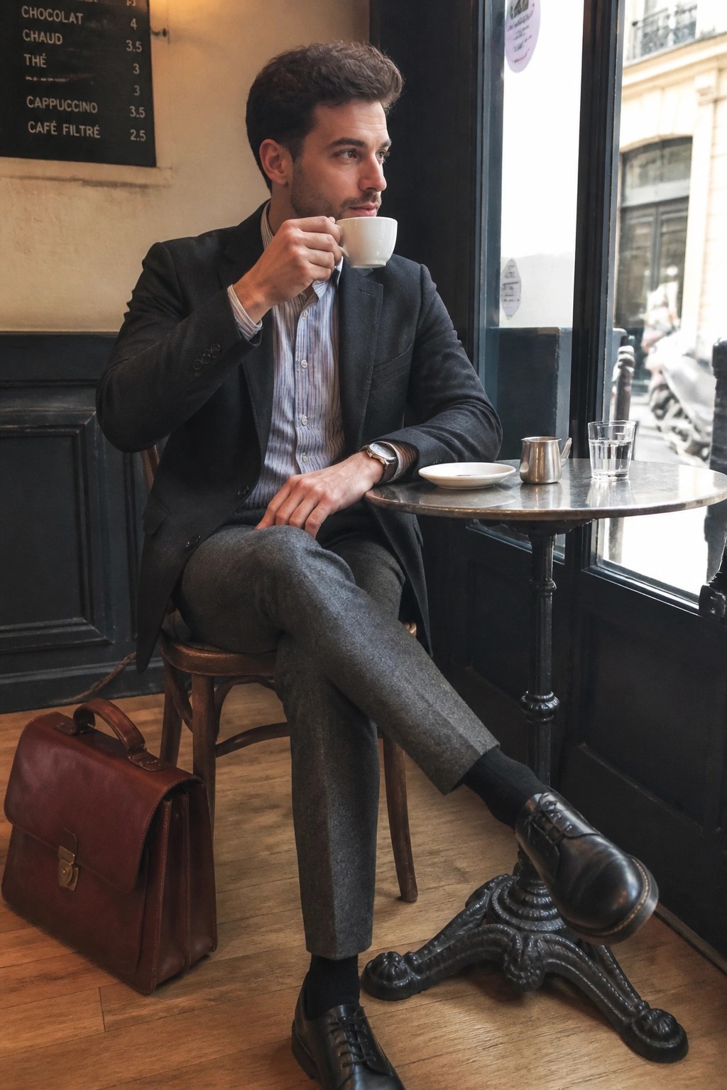 Man in dark blazer and gray pants sips coffee at marble cafe table with briefcase