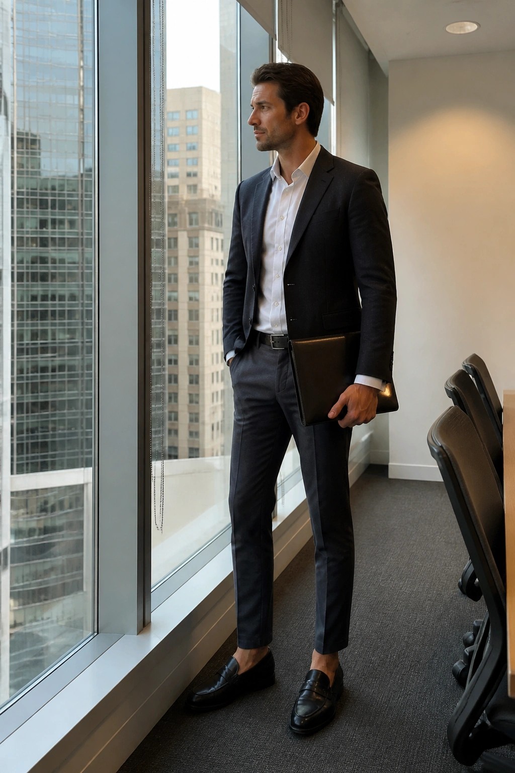 Man in dark suit holds leather portfolio by office window overlooking city.